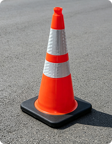 Close-up of a black and yellow rubber speed bump or rumble strip installed on an asphalt road next to a white-striped pedestrian crosswalk.